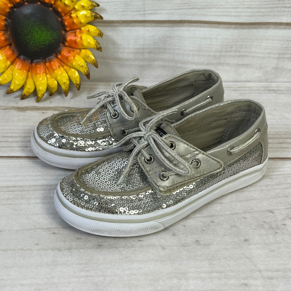 Sperry‎ Top-Sider Bahama Jr Silver Sequin Boat Shoes Kids Size 11.5M CG50251